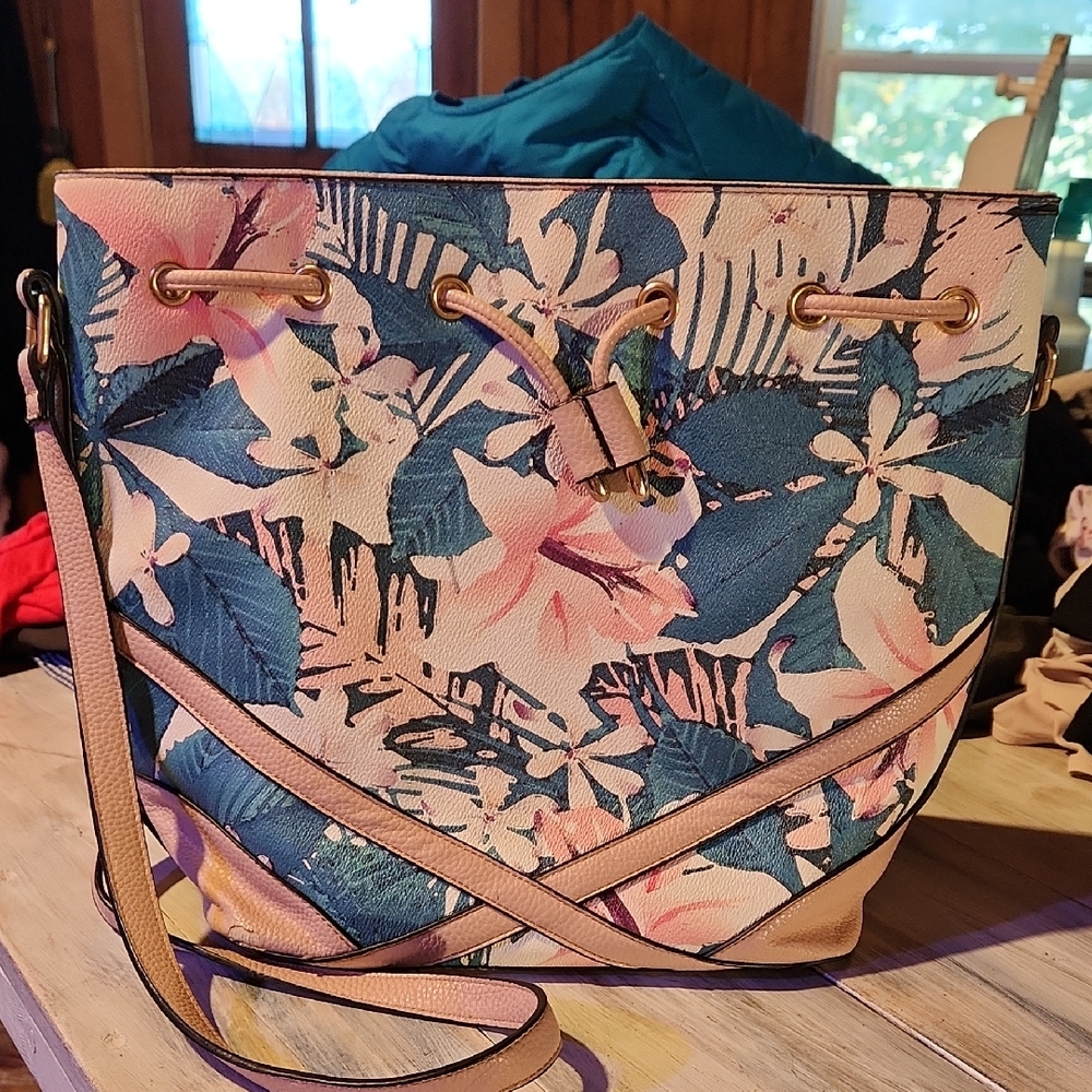 Pink and Blue Floral Crossbody Bag with Structured Design